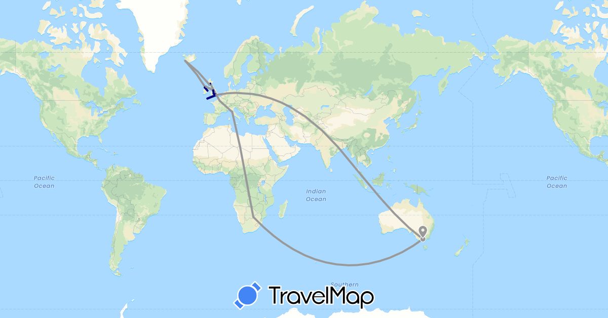 TravelMap itinerary: driving, plane in Australia, Botswana, France, United Kingdom, Ireland, Iceland, Italy, Thailand (Africa, Asia, Europe, Oceania)