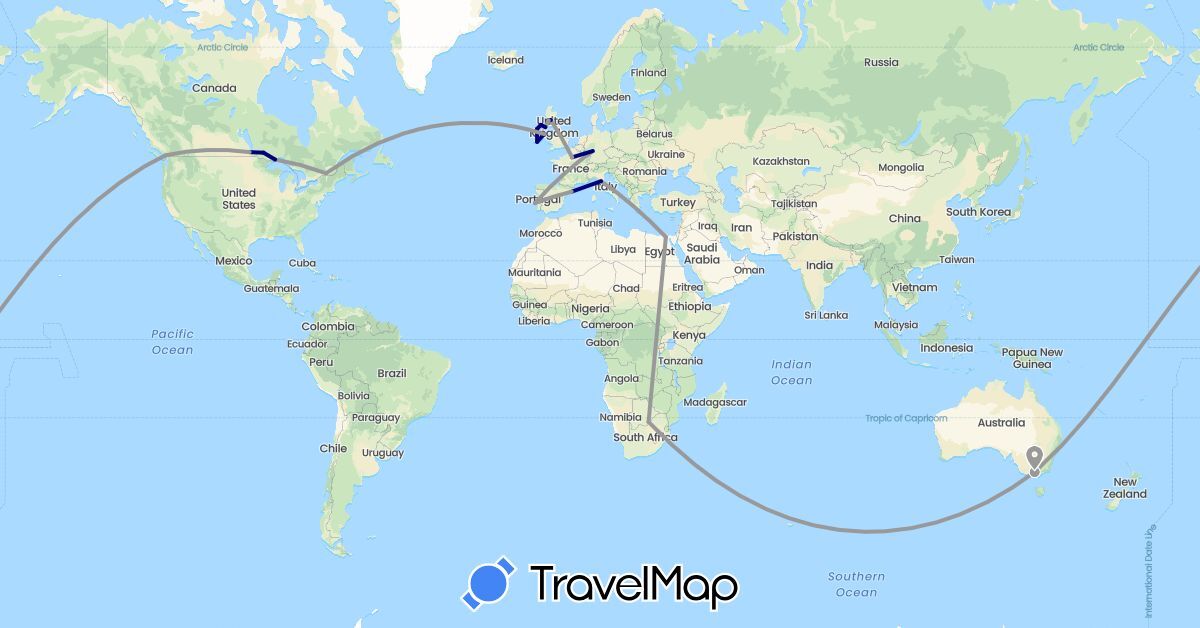 TravelMap itinerary: driving, plane in Australia, Botswana, Canada, Germany, Egypt, Spain, France, United Kingdom, Ireland, Italy, Portugal (Africa, Europe, North America, Oceania)
